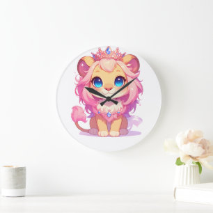 Grande Horloge Ronde Joli Roi Lion [Produit] Couronne Kawaii Animal Cad