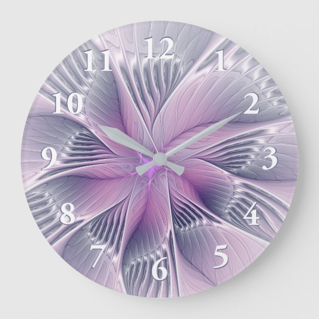 Grande Horloge Ronde Joli rose Fleur Moderne Abstrait Fractal Art (Recto)