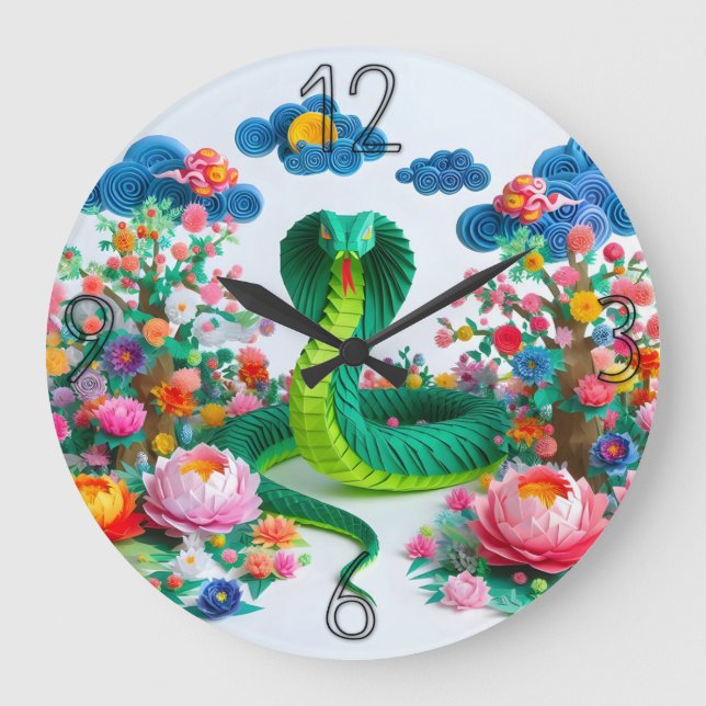 Grande Horloge Ronde Joli serpent du Nouvel An chinois en origami WC4 (Recto)