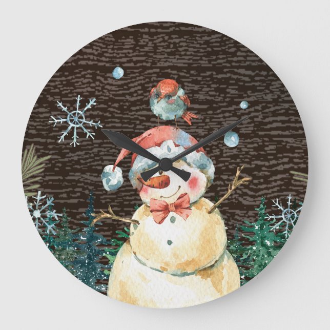 Grande Horloge Ronde Joli Snowman & Woodland Animaux Noël Mignonne (Recto)
