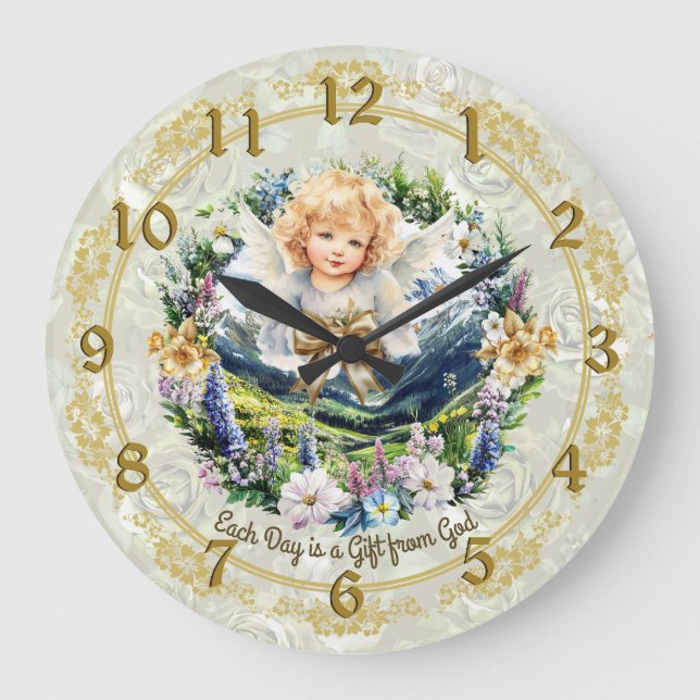 Grande Horloge Ronde Joli vert Inspirational Angel Cherub (Recto)