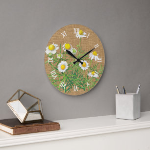 Grande Horloge Ronde Joli Vintage Chamomile Floral Faux Jute Burlap