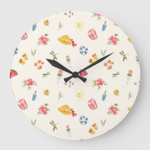 Grande Horloge Ronde Jolie aquarelle d'été : pastèque, dango et soleil
