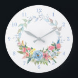Grande Horloge Ronde Jolie aquarelle Pastel Floral Wreath<br><div class="desc">Délicate feuille d'aquarelle avec pulvérisation de fleurs rose pastel,  bleu et jaune. La couleur et les nombres Arrière - plans sont modifiables.</div>