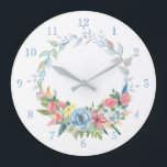 Grande Horloge Ronde Jolie aquarelle Pastel Floral Wreath<br><div class="desc">Délicate feuille d'aquarelle avec pulvérisation de fleurs rose pastel,  bleu et jaune. La couleur et les nombres Arrière - plans sont modifiables.</div>