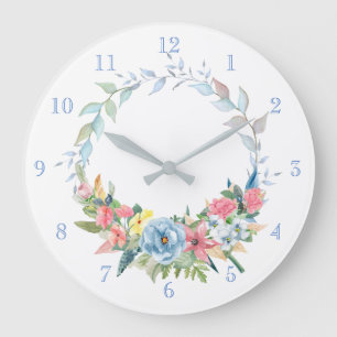 Grande Horloge Ronde Jolie aquarelle Pastel Floral Wreath