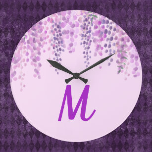 Grande Horloge Ronde Jolie Aquarelle violette claire Look Wisteria