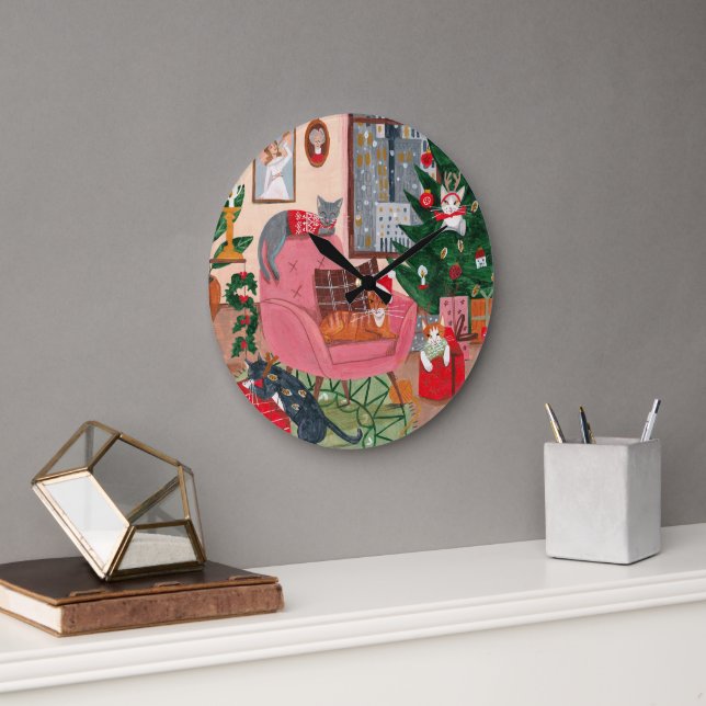 Grande Horloge Ronde Jolie art de Noël de chat (Bureau)