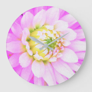 Grande Horloge Ronde Jolie Dahlia Macro en Cactus Rose, Blanc et Jaune