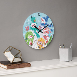 Grande Horloge Ronde Jolie famille de bonhomme de neige de Noël dans la
