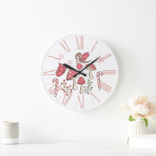 Grande Horloge Ronde Jolie fée de Noël et champignons