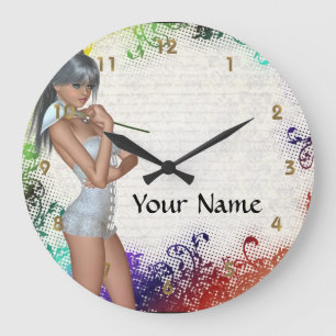 Grande Horloge Ronde Jolie fille avec lys