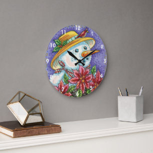 Grande Horloge Ronde Jolie fille de Noël Bonhomme de neige avec Poinset