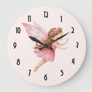 Grande Horloge Ronde Jolie Fille Fée dans une Robe Rose Fantaisiste