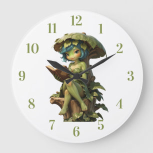 Grande Horloge Ronde Jolie Fille Grenouille Lisant un Livre Sous une Fe