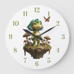 Grande Horloge Ronde Jolie fille grenouille parmi les champignons avec