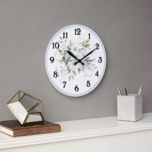 Grande Horloge Ronde Jolie florale blanche bleue