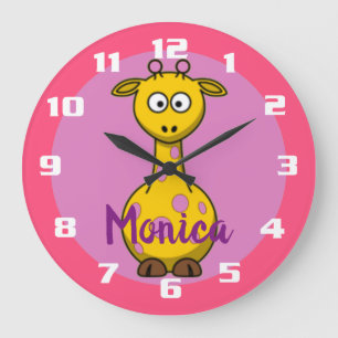 Grande Horloge Ronde Jolie girafe monogrammé rose bubble gum