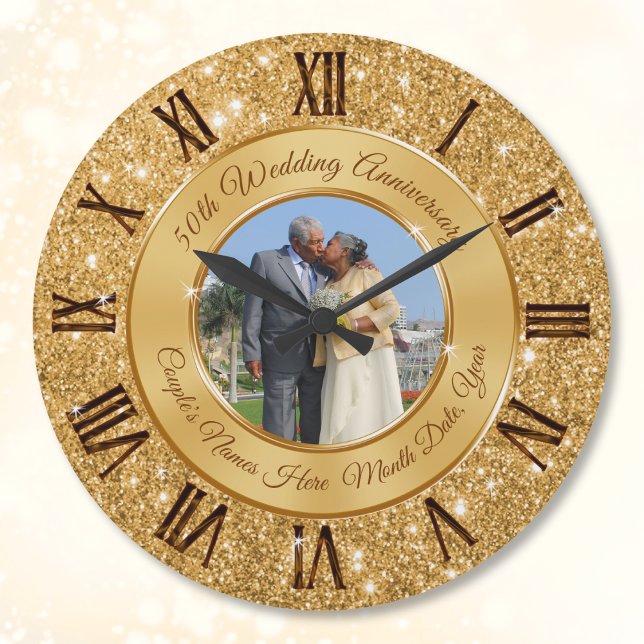 Grande Horloge Ronde Jolie Golden Mariage Anniversaire Idées cadeaux (50th anniversary clock. Personalised 50th wedding anniversary gifts for parents, friends and couples)