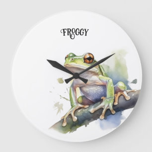 Grande Horloge Ronde Jolie grenouille d'arbre à l'aquarelle, personnali