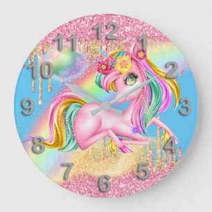 Grande Horloge Ronde Jolie licorne rose or parties scintillant arc-en-c