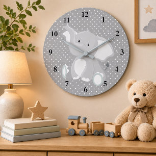 Grande Horloge Ronde Jolie nursery à pois éléphant gris