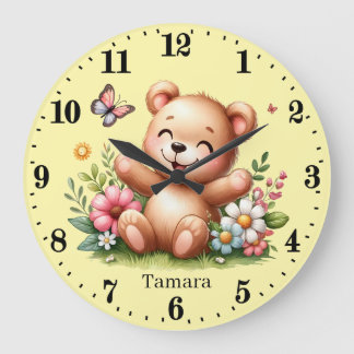 Grande Horloge Ronde Jolie petite fille ours ajouter le nom