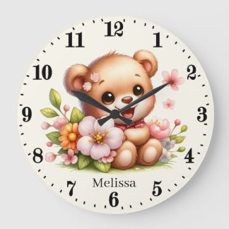 Grande Horloge Ronde Jolie petite fille ours ajouter le nom