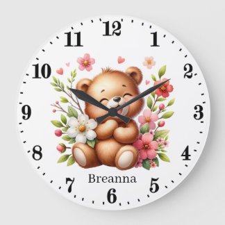 Grande Horloge Ronde Jolie petite fille ours ajouter le nom