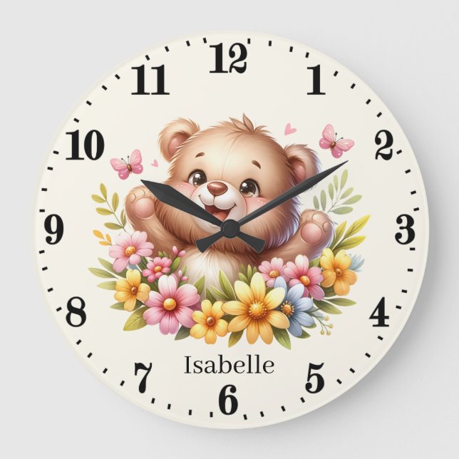 Grande Horloge Ronde Jolie petite fille ours ajouter le nom (Recto)