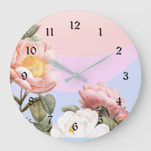 Grande Horloge Ronde Jolie rose pastel et roses blanches