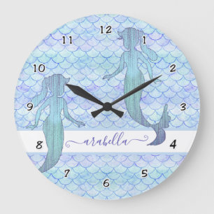 Grande Horloge Ronde Jolie Sirène Petit Fille Nom Motif Aquarelle