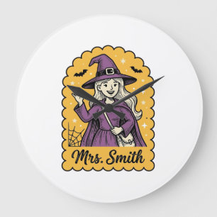 Grande Horloge Ronde Jolie sorcière enseignante Mme Smith Halloween vin