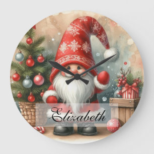 Grande Horloge Ronde Jolie vintage Noël Gnomes Aquarelle Art