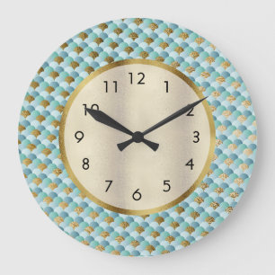 Grande Horloge Ronde Jolies écailles de sirène Aqua sarcelle Or