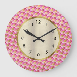 Grande Horloge Ronde Jolies écailles de sirène roses et dorées