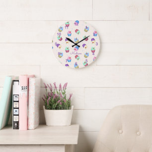 Grande Horloge Ronde Jolis Cupcakes Colorés
