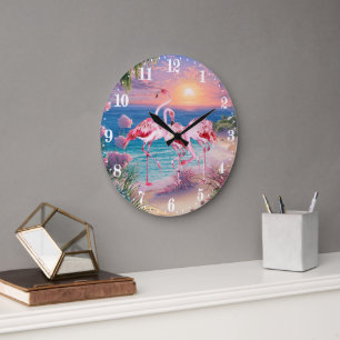 Grande Horloge Ronde jolis flamants roses de plage 