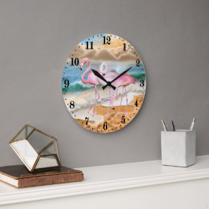 Grande Horloge Ronde jolis flamants roses de plage 