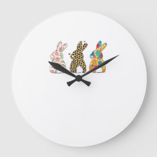 Grande Horloge Ronde Jolis lapins de Pâques Léopard Bunny et Flower Bun