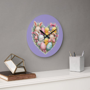 Grande Horloge Ronde Jolis lapins et poussins de Pâques au style cottag