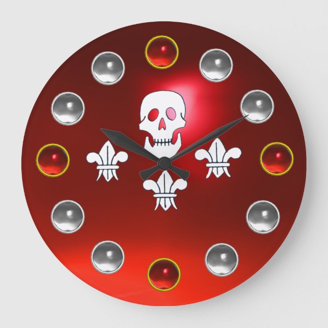 Grande Horloge Ronde JOLLY ROGER SKULL THREE LILIES FLAG Red White Gems (Recto)
