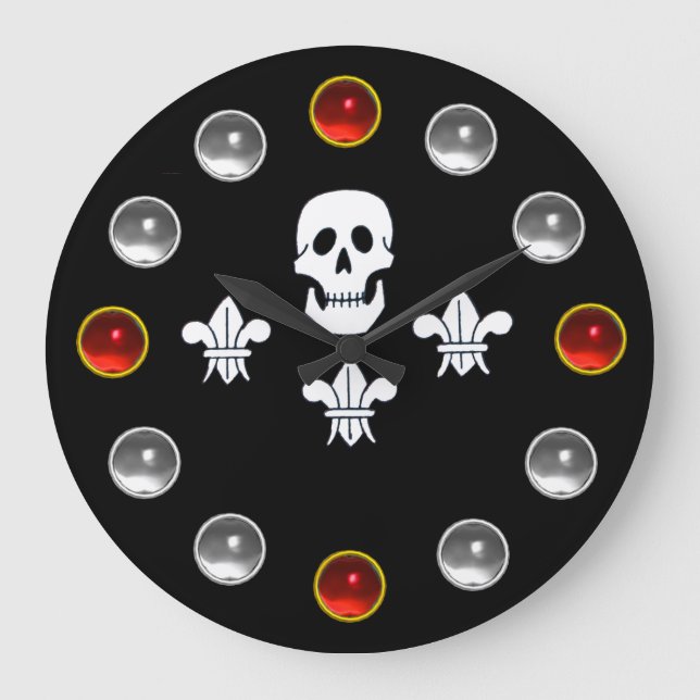 Grande Horloge Ronde JOLLY ROGER SKULL THREE LILIES FLAG Red White Gems (Recto)