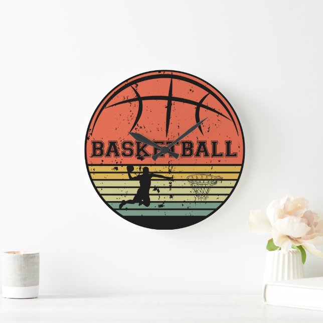 Grande Horloge Ronde Joueur de basket-ball slunk coucher de soleil rétr (Maison)