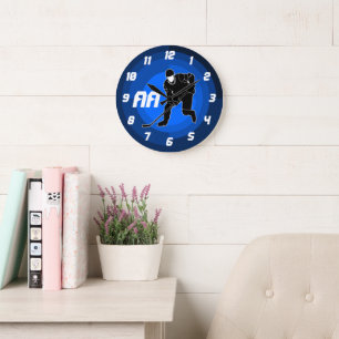 Grande Horloge Ronde Joueur de hockey bleu Silhouette