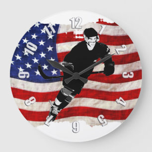 Grande Horloge Ronde Joueur de hockey et drapeau américain tatoué