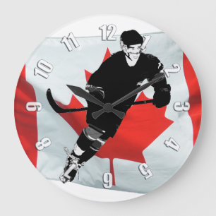 Grande Horloge Ronde Joueur de hockey et drapeau canadien