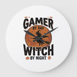 Grande Horloge Ronde Joueur de jeu vidéo de jour sorcière de nuit Conce