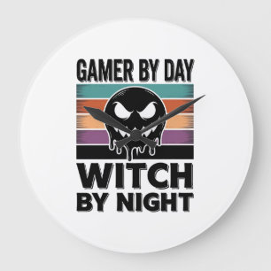 Grande Horloge Ronde Joueur de jeu vidéo de jour sorcière de nuit rétro