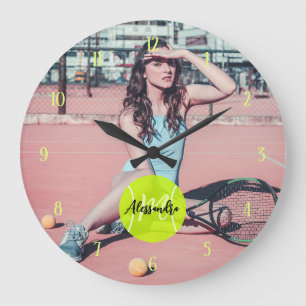 Grande Horloge Ronde Joueur de tennis Photo Ball Monogramme et nom